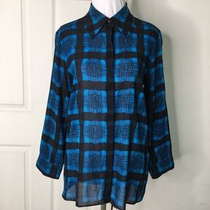 ALICE + OLIVIA Silk Woodgrain Plaid Button Down Blouse Size Small Black Blue